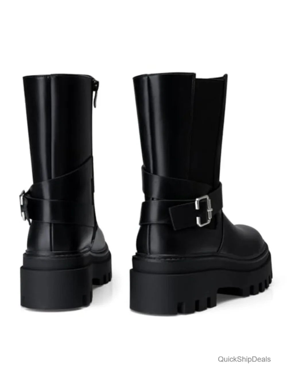 Women's Platform Ankle Boots Waterproof PU Leather Side Zip Round Toe Block Heel